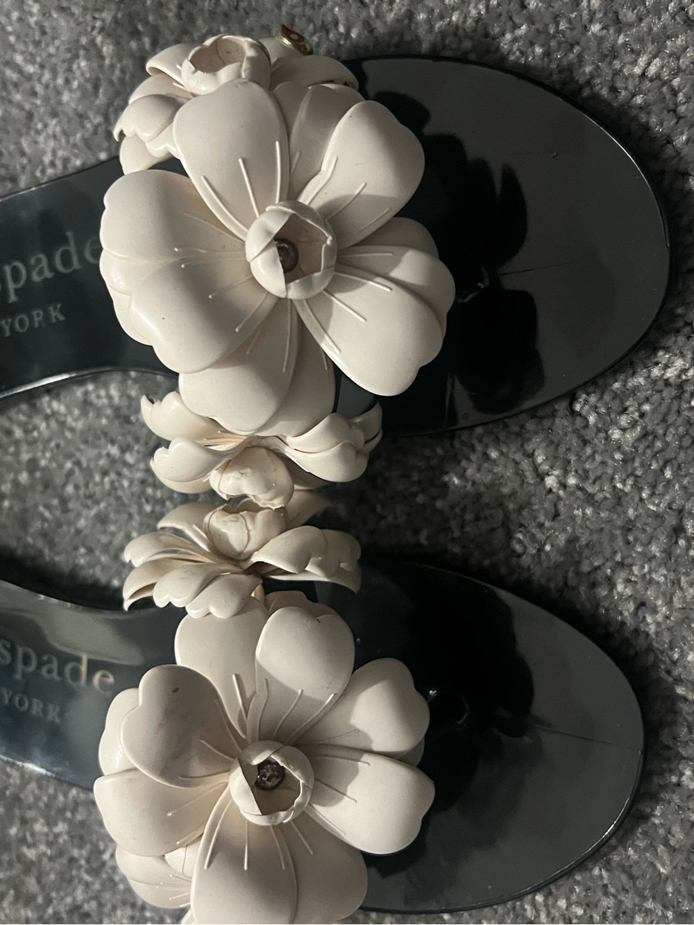 kate spade Black Sandals with Cream Floral Appliqués Cluster
